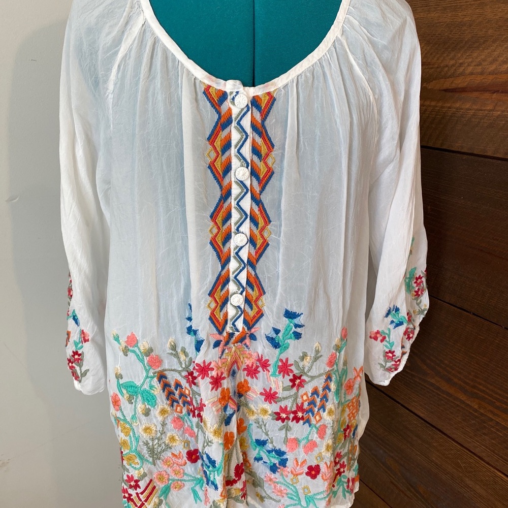 Johnny Was Embroidered Boho Hippie White Summer Sheer Beach Blouse Sz L